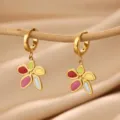 Gold stainless steel colorful enamel flower hoop earrings, sweet and stylish chic jewelry. - Five-Petal Colorful Flower Oil Drip Style (E6725G)