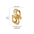 Gold plated stainless steel geometric open ring with abstract leaf design and detailed size specs. - Geometric Leaf Shape Open Ring (JZ9617)