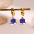 Gold Hoop Earrings Blue White Enamel Hat Pendant Cute Style Dainty Jewelry Variant - Blue and White Oil Drip Mini Hat Style (E6835)