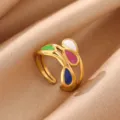 Trendy stainless steel 18K gold plated colorful dripping oil open ring fashion jewelry - Teardrop Colorful Enamel (JZ9761G)
