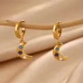 Gold-plated stainless steel hoop earrings featuring enamel crescent moon charms with cute stars. - Crescent Moon Colorful Oil Drip Star Style (E6836)