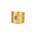 Wide 18K gold plated stainless steel ring with blue stone geometric design fashion jewelry - Hammered Rhinestone Style (JZ7061G-2)