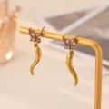 Stainless steel gold butterfly pink zircon drop earrings, stylish fashion jewelry for women. - Butterfly Zirconia Style (E7109G)