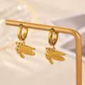 Stainless steel gold plated bird drop earrings, elegant fashion jewelry hoop accessory. - Gold Bird Pendant Style (E7346)