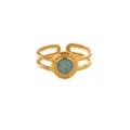 Gold plated stainless steel open ring with blue oil drop round charm for women fashion jewelry - Double Layer Disc Style (JZ9556G)