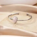 Stainless steel open cuff bracelet with pink teardrop stone minimalist fashion jewelry piece - Steel Color Waterdrop Pink Style (B2040P-2)
