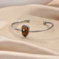 Stainless steel open cuff bracelet with teardrop tiger eye stone, minimalist jewelry. - Steel Color Waterdrop Tiger Eye Style (B2040P-3)