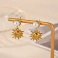 Gold stainless steel pearl sun drop earrings elegant fashion jewelry for women daily wear - Pearl Sun Pendant Style (E7301)