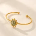 18K Gold Plated Stainless Steel Open Bangle Bracelet with Green Stone Turtle Motif Chic Jewelry - Turtle Faux Jade Gravel Style (B2788G)