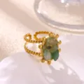 Vintage gold plated stainless steel irregular green stone open ring detail shot view - Olive Green Oval (JZ9165)