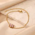 Charming gold plated stainless steel pink zircon four leaf clover bracelet jewelry detail. - Pink