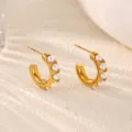 Gold plated stainless steel hoop earrings with white pearls, chic minimalist daily jewelry. - C-Shaped Hoop Style (E6629G)