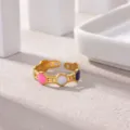Stainless steel gold-plated open ring featuring colorful enamel dot accents for women. - Multi-Color Enamel Dot Style(JZ9563G)