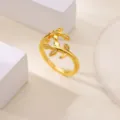 Gold plated leaf branch open ring detail shot, minimalist design with shiny clear zirconia stones. - Gold Branch Petite Style (JZ8681G)