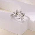 Silver leaf branch open ring with sparkling cubic zirconia, adjustable minimalist chic ring - Silver Branch Simple Style (JZ8681P)