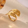 Gold plated stainless steel leaf open ring, stylish and unique fashion jewelry for women. - Leaf Feather Style (JZ9681G)