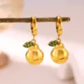 Gold plated pear drop hoop earrings featuring sparkling green zircon leaves for elegant daily wear - Stereo Gold Pear Green Rhinestone Leaf Style (E6842)