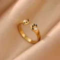 18K Gold Plated Stainless Steel Cat Paw Ring Trendy Colorful Dopamine Ring Jewelry Variant - Black and White Cat Paw (JZ9616G)
