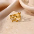 Gold plated stainless steel floral open ring, textured band variant ring for women. - Retro Flower Butterfly Style (JZ9677G)