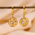 Gold plated stainless steel zircon sun moon hoop earrings, sweet daily fashion jewelry. - Irregular Coin Sun Moon Starry Sky Rhinestone Style (E6844)