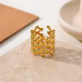 Gold stainless steel geometric open ring, wide lattice design fashion jewelry for women. - Geometric Mesh Style (JZ9857G)