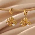 Gold octopus drop earrings with pearl embellishment, stylish stainless steel jewelry for women. - Gold Octopus Marine Organism Pearl Style (E7062)