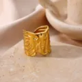 Gold plated stainless steel open ring with unique elephant texture design for women fashion jewelry. - 3D Elephant Style (JZ9834G)