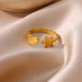 Gold-plated stainless steel open ring featuring fish and turtle design, trendy daily jewelry. - Fish and Turtle Style (JZ9745G)