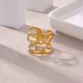 Trendy 18K gold-plated stainless steel open ring with irregular hollow design, pearl and crystal. - Hollow Pearl Gemstone Style(JZ9511G)