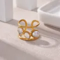 Gold Plated Stainless Steel Open Ring with Clear Crystals and Pearl Fashion Jewelry Variant - Multi-Layer Pearl Crystal Style(JZ9527G)
