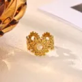 Detailed shot of a stylish 18K gold plated stainless steel sunflower open ring for daily women wear. - Sunflower Floral Style (JZ9637G)