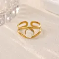 18K Gold Plated Stainless Steel Open Ring with White Flower Minimalist Geometric Jewelry - Double Layer White Rose Style (JZ9852G)