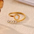 Gold plated stainless steel open ring with white flower and sparkling crystal details. - White Flower Rhinestone Style (JZ9948G)