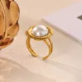 18K Gold Plated Stainless Steel Pearl Open Ring Geometric Trendy Hand Jewelry Daily Wear - Artificial Pearl Lace Geometric Style (JZ9794G)