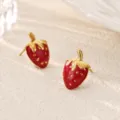 Orecchini a lobo fragola rossa, gioielli moda in acciaio inossidabile bagnato oro 18k. - Stile Fragola Smalto Rosso (E6735G)