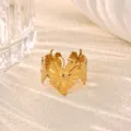 Gold plated stainless steel open ring with floral heart motif stylish fashion jewelry - 3D Heart Petal Style (JZ9716G)
