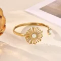 Chic 18k gold plated stainless steel open cuff bracelet featuring a pearl and sparkling crystal. - Sunflower Artificial Pearl Style (B2368G-1)