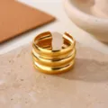 Stainless Steel 18K Gold Plated Ridged Open Ring Casual Fashion Versatile Hand Jewelry - Multi-Layer 3D Line Style (JZ9659G)