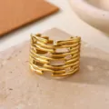 Gold plated stainless steel open ring, modern geometric textured wide band ring - Wide Streamline Irregular Hollow Style (JZ9706G)