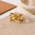 18k gold plated stainless steel open ring, minimalist geometric crossover daily jewelry for women - Double Layer Cross Line Style (JZ9718G)