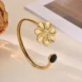 Gold flower open cuff bracelet for women, stylish 18k gold plated stainless steel jewelry. - Black Rhinestone Five-Petal Flower Style (B2277G-2)