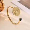 Stainless steel gold plated open cuff bracelet with straw hat charm and black crystal stone - Black Rhinestone Novelty Straw Hat Style (B2282G-2)