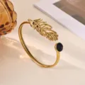 Gold Stainless Steel Feather Open Bangle Bracelet Featuring Black Stone Variant Choice - Black Rhinestone Exquisite Feather Style (B2357G-2)