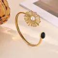 Gold Open Cuff Bracelet Featuring Sunburst Pearl and Black Stone for Women Fashion - Black Rhinestone Sunburst Artificial Pearl Style (B2368G-2)
