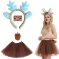 Détail de l'ensemble de costume de cerf avec serre-tête bois, tutu et queue mignons. - Lot de 4 serre-têtes bois de cerf en peluche kaki