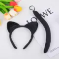 Ensemble serre-tête oreilles de chat et queue noir, accessoire en peluche pour fête d'Halloween. - Ensemble oreilles de chat noires et queue