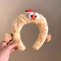 Cute plush chicken headband detail, soft fluffy material, funny big eyes design for daily makeup. - Chicken