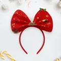 Bandeau noeud rouge de Noel avec etoiles dorees tissu a sequins fete accessoire cheveux - Bronzage Rouge