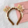 Bandeau en peluche douce avec joli bord en dentelle et nœuds roses, idéal pour le visage. - Serre-tête deux oursons à pommettes roses - Café