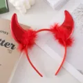 Red devil horns headband detail, feather decorated costume hair hoop for party props. - Red